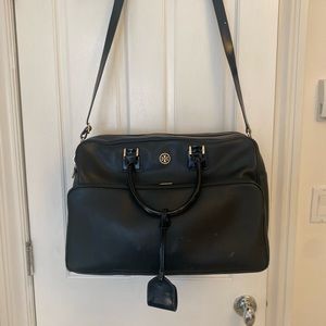 Tory Burch weekender travel bag, black patent leather with gold hardware